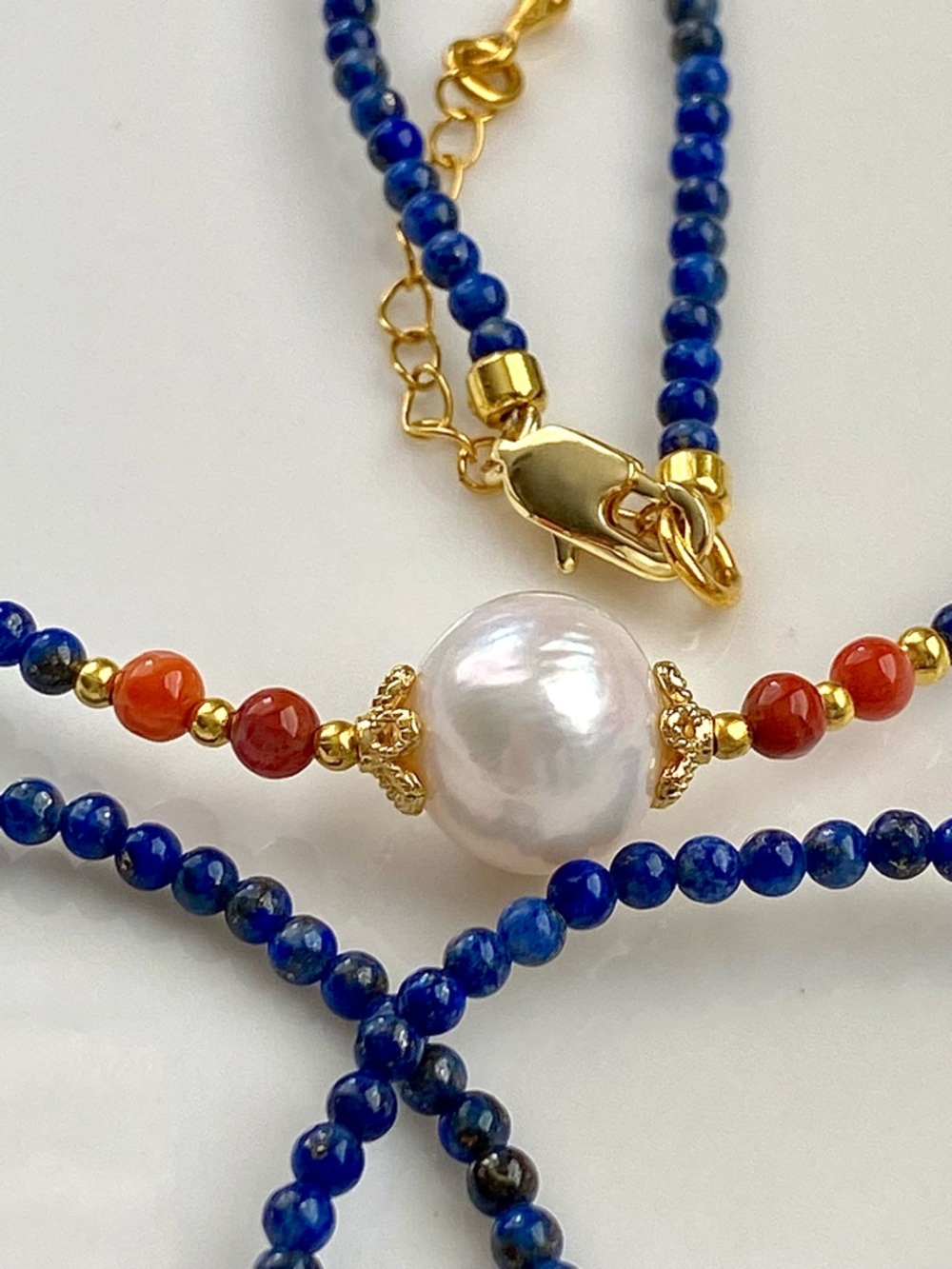 GP59-Lapis Lazuli, Red Agate And Edison Pearl Necklace - Picture 13 of 15